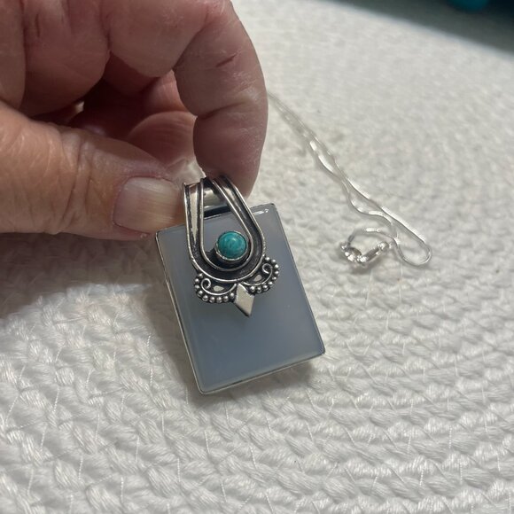 Stunning BLUE CHALCEDONY & TURQUOISE Handmade Sterling 925 Pendant/Chain #395D - Picture 3 of 3